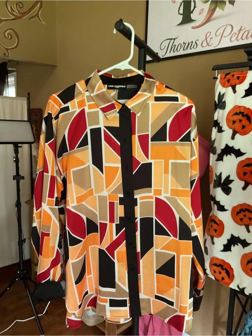 Karl Lagerfeld Geometric Block Print Shirt - Red, Orange, Black, Tan